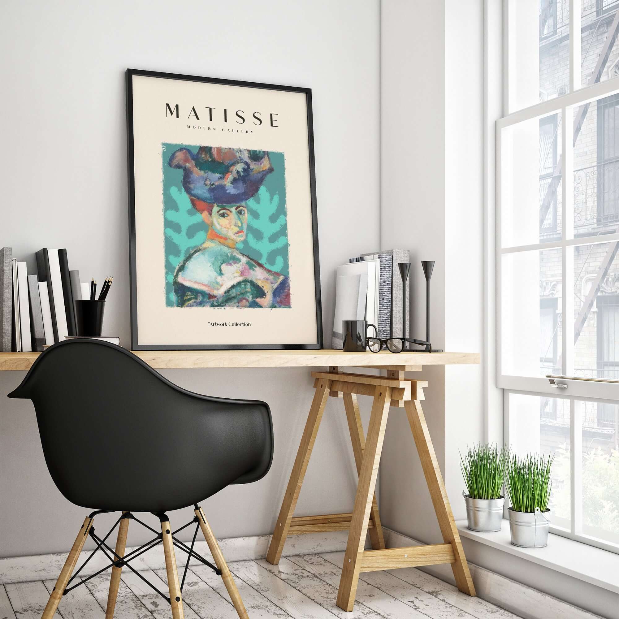 Matisse Art Prints - Woman Large Hat Portrait Teal Background Poster displayed in a modern interior setting.