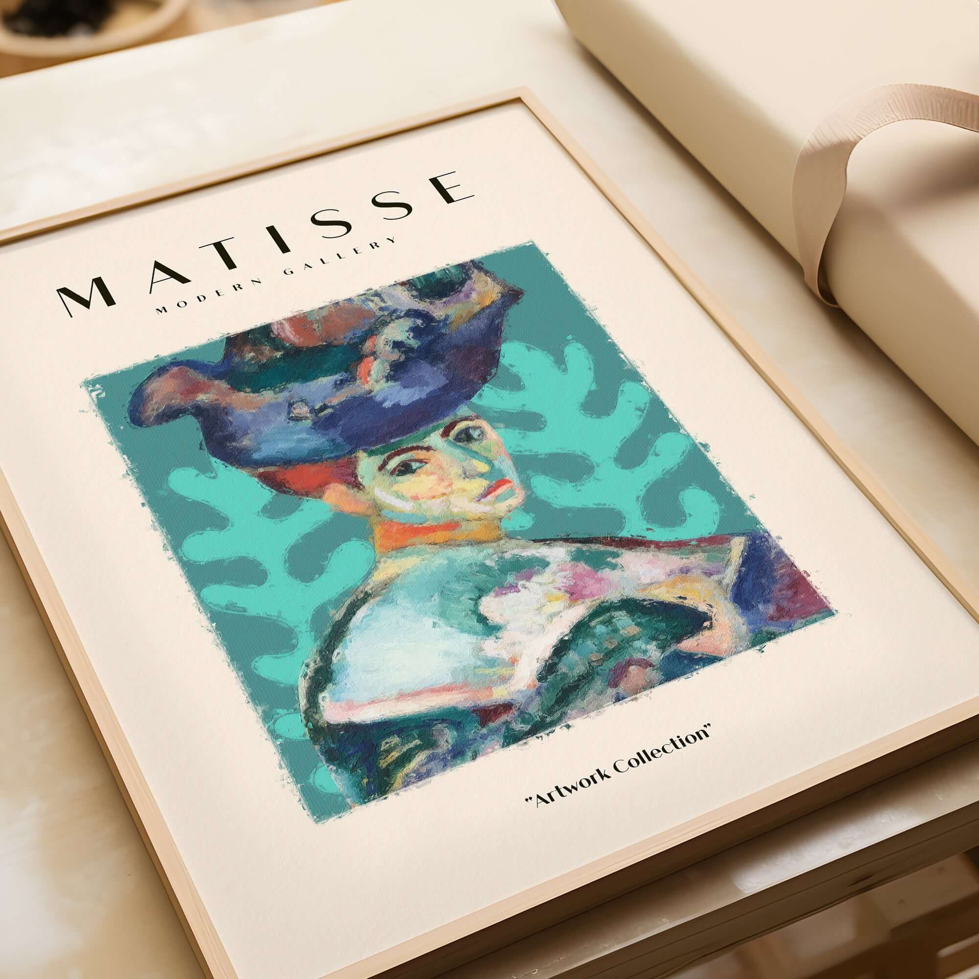 Matisse Art Prints - Woman Large Hat Portrait Teal Background Poster featured in modern gallery decor.