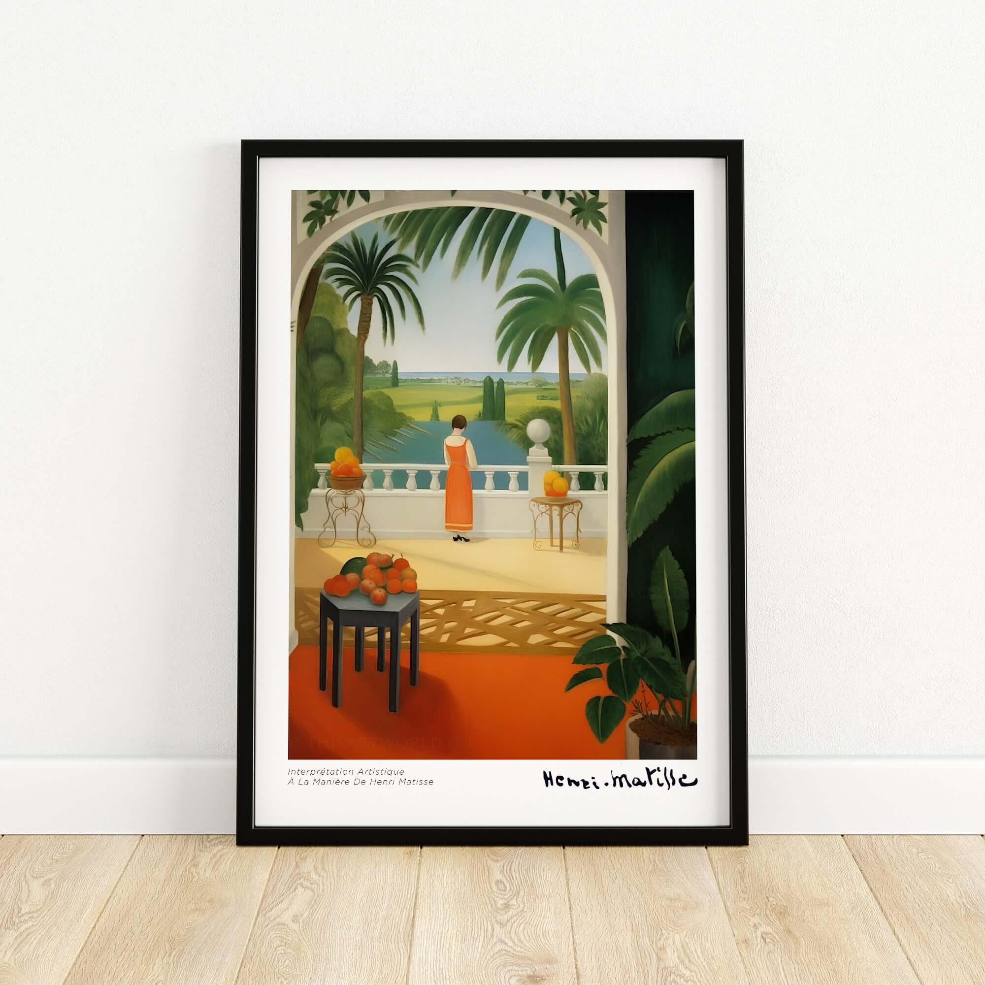 Matisse Art Prints - Woman on Balcony Sea View Poster featuring a woman in an orange dress on a balcony with sea view.
