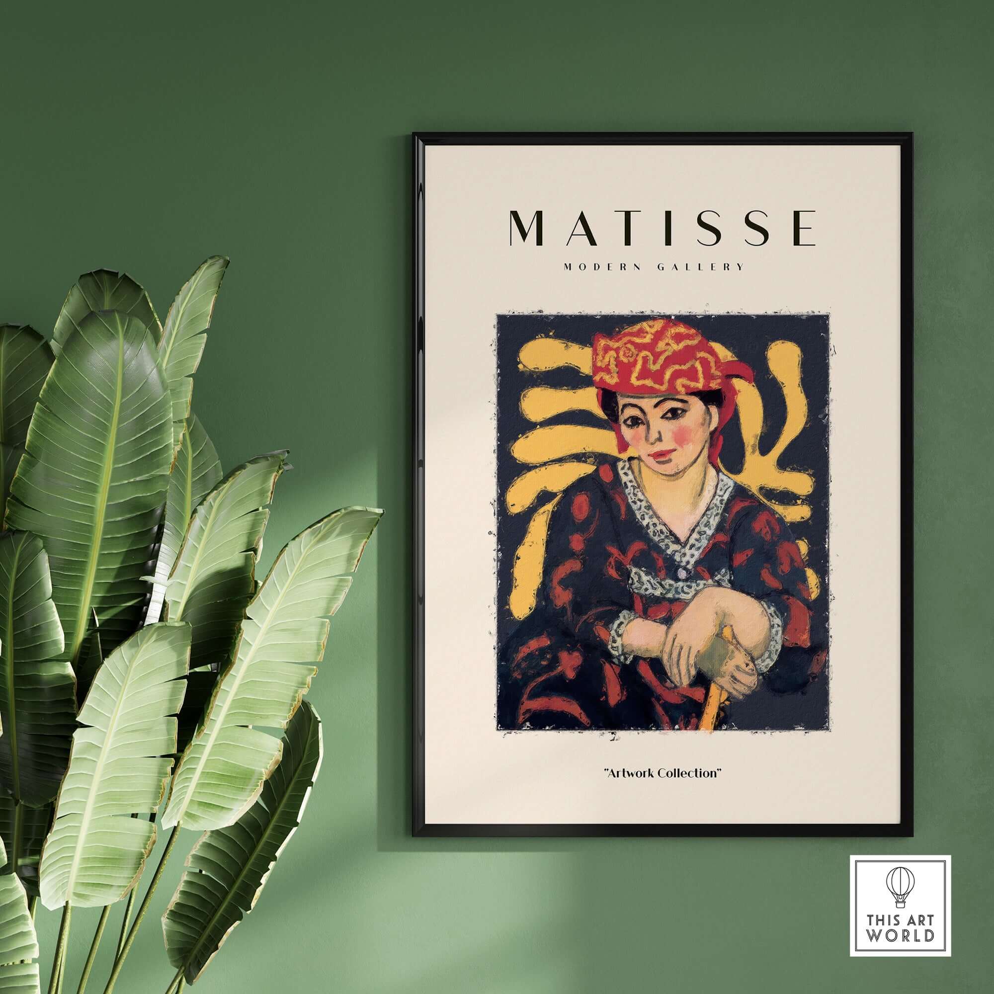 Matisse Art Prints -  Woman in Patterned Hat & Dress Poster showcasing a seated woman in vibrant patterns.