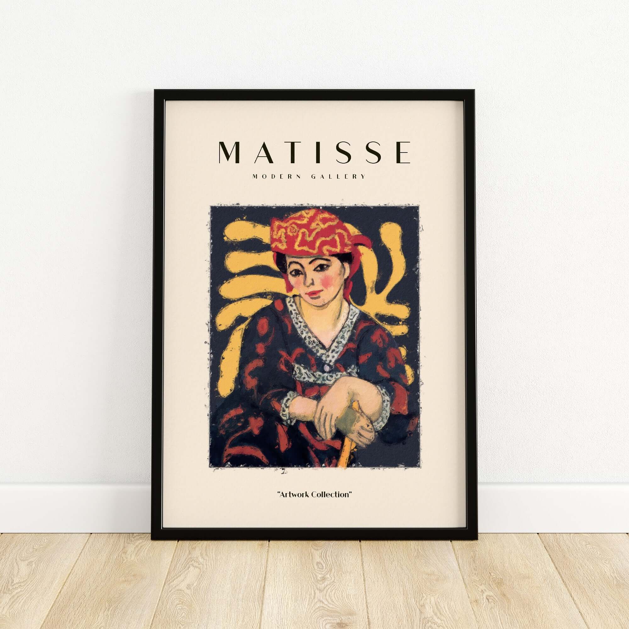 Matisse Art Prints -  Woman in Patterned Hat & Dress Poster featuring a seated woman with red hat and cane.