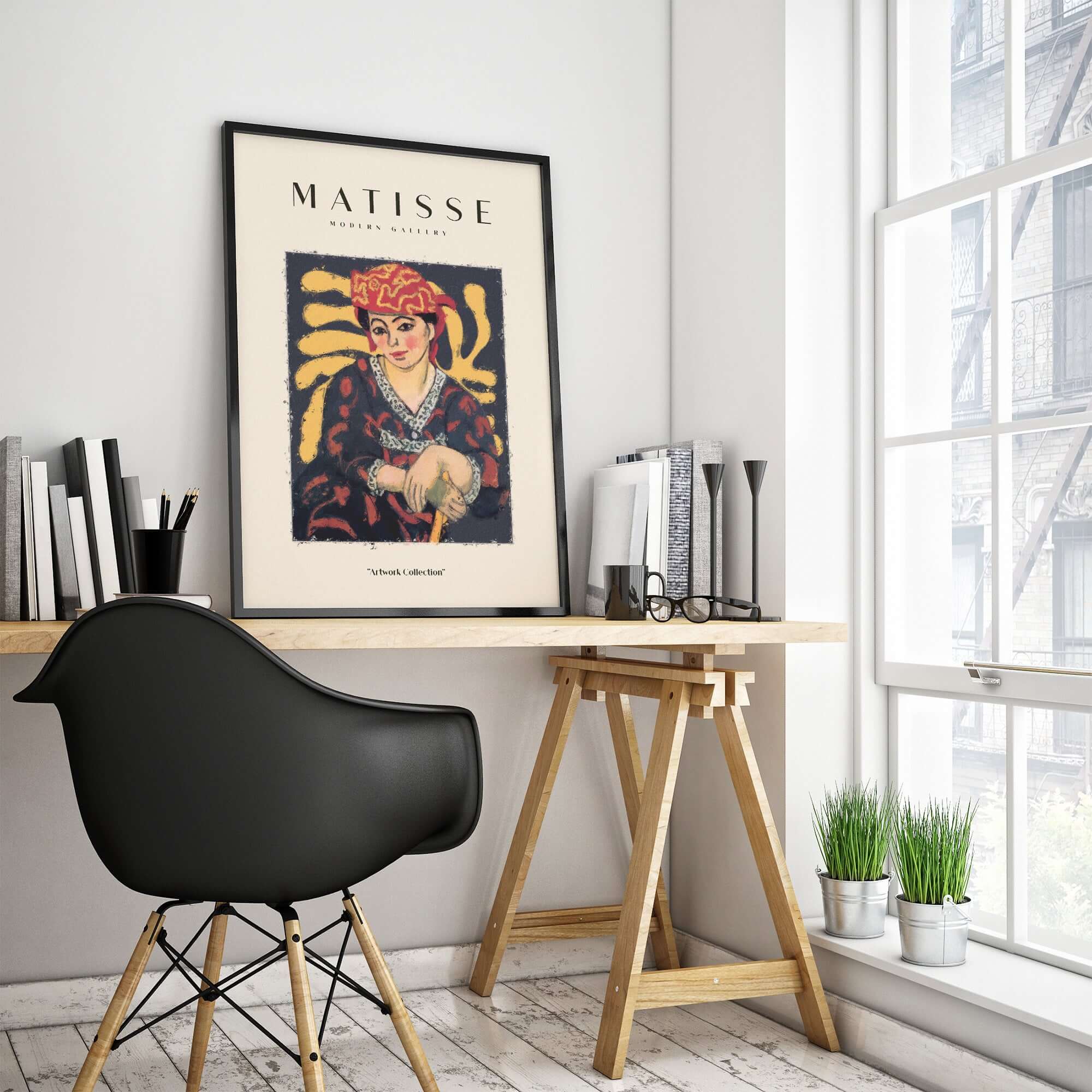 Matisse Art Prints -  Woman in Patterned Hat & Dress Poster displayed in a modern office setting with a stylish chair.