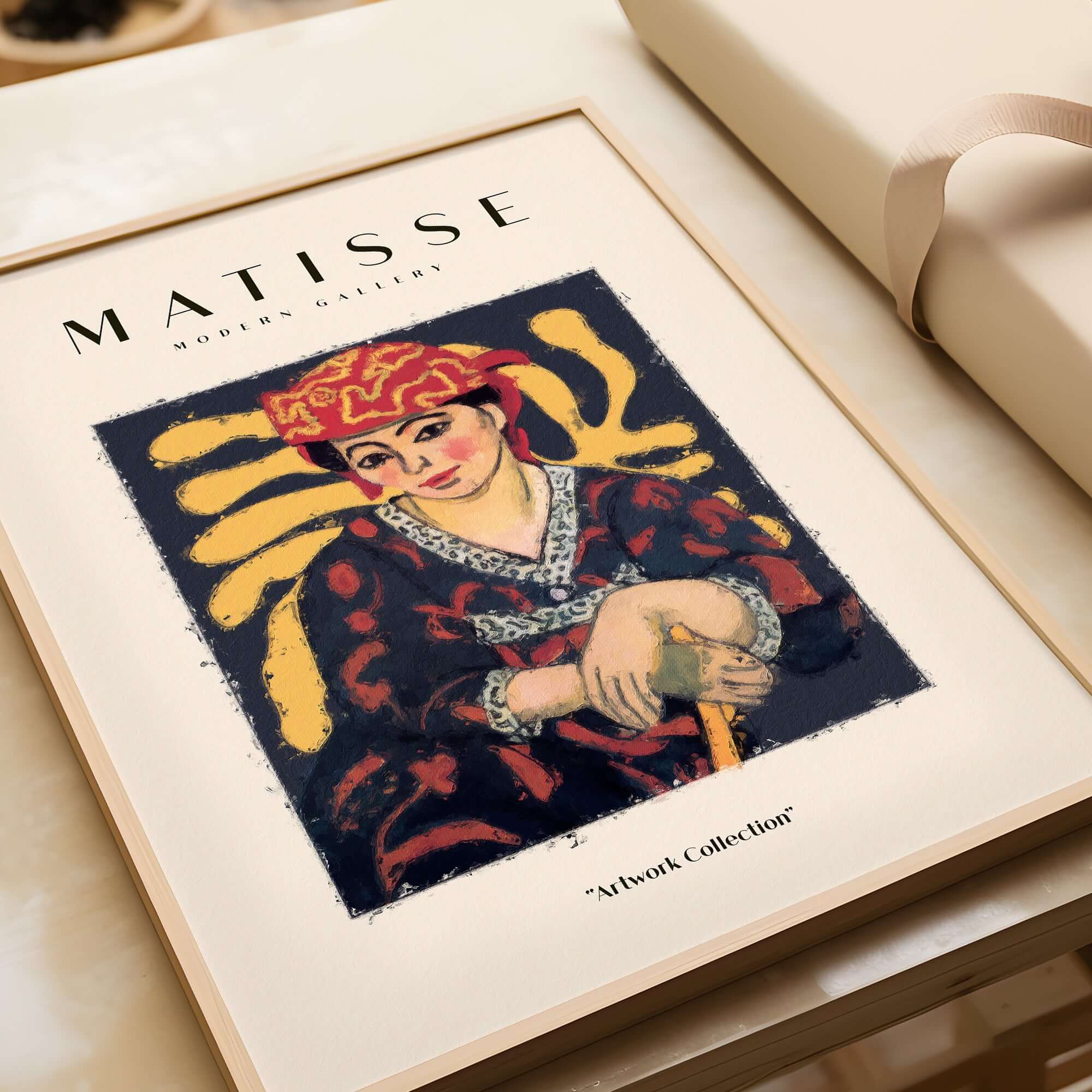 Matisse Art Prints -  Woman in Patterned Hat & Dress Poster featuring a woman with a cane in a vibrant patterned hat and dress.