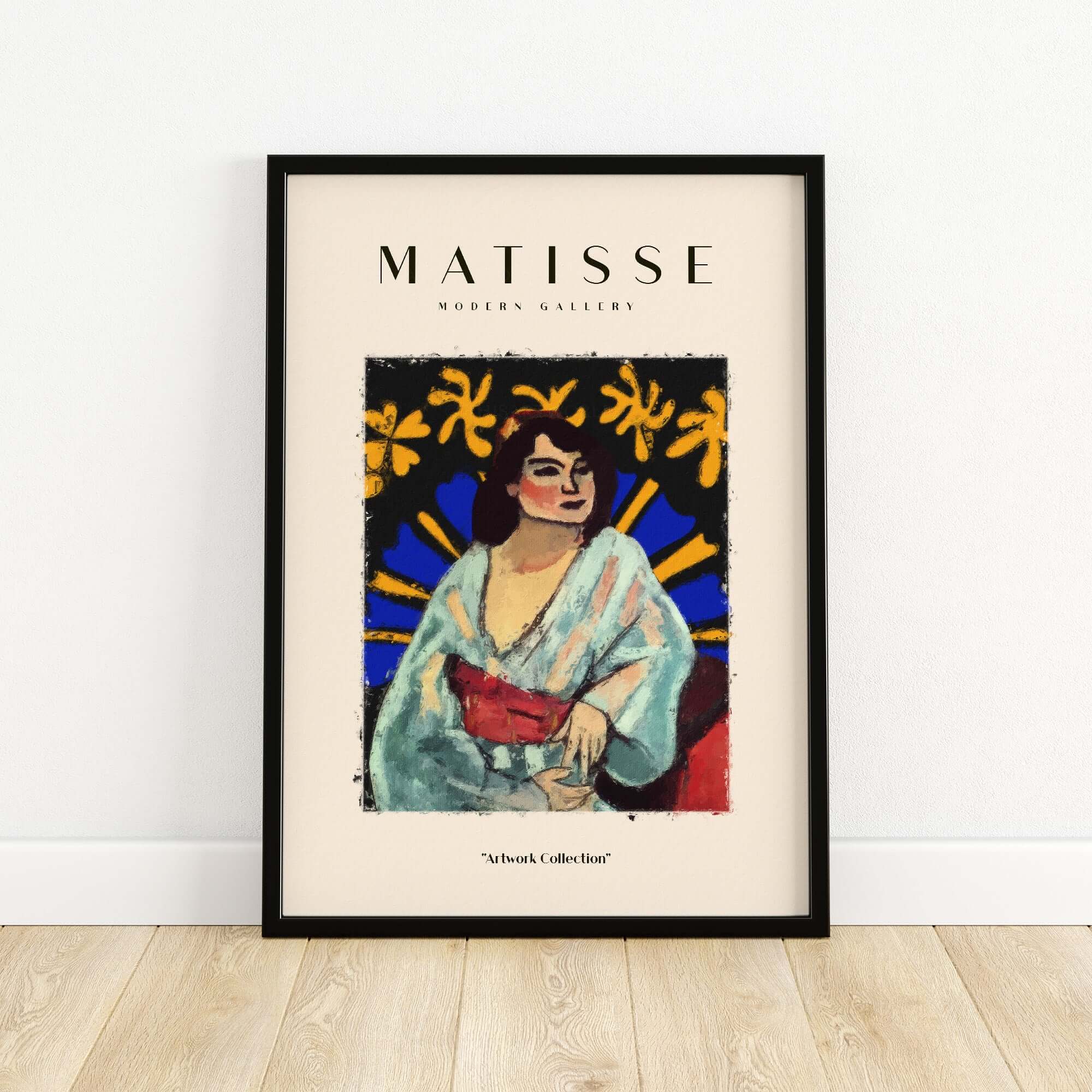 Matisse Art Prints -  Woman Robe Abstract Stained Glass Effect Poster featuring a woman in a blue robe with a red sash.