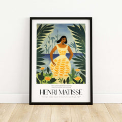 Matisse Art Prints - Woman Tropical Leaves Art Print featuring a woman in a yellow dress surrounded by tropical plants.