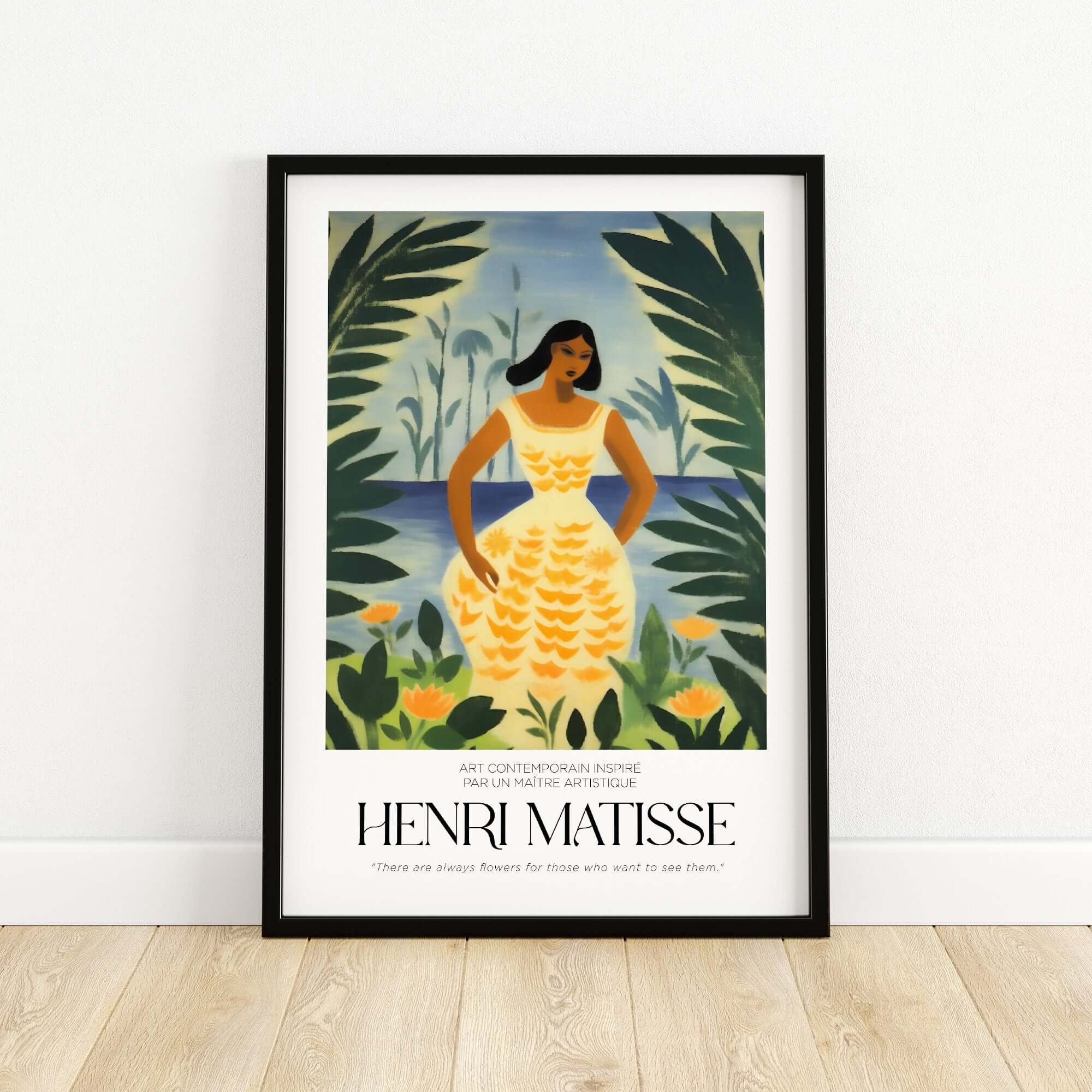 Matisse Art Prints - Woman Tropical Leaves Art Print featuring a woman in a yellow dress surrounded by tropical plants.