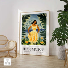 Matisse Art Prints - Woman Tropical Leaves Art Print featuring a vibrant portrait of a woman in a floral dress surrounded by leaves.