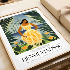 Matisse Art Prints - Woman Tropical Leaves Art Print featuring a woman in a yellow dress amidst tropical plants.