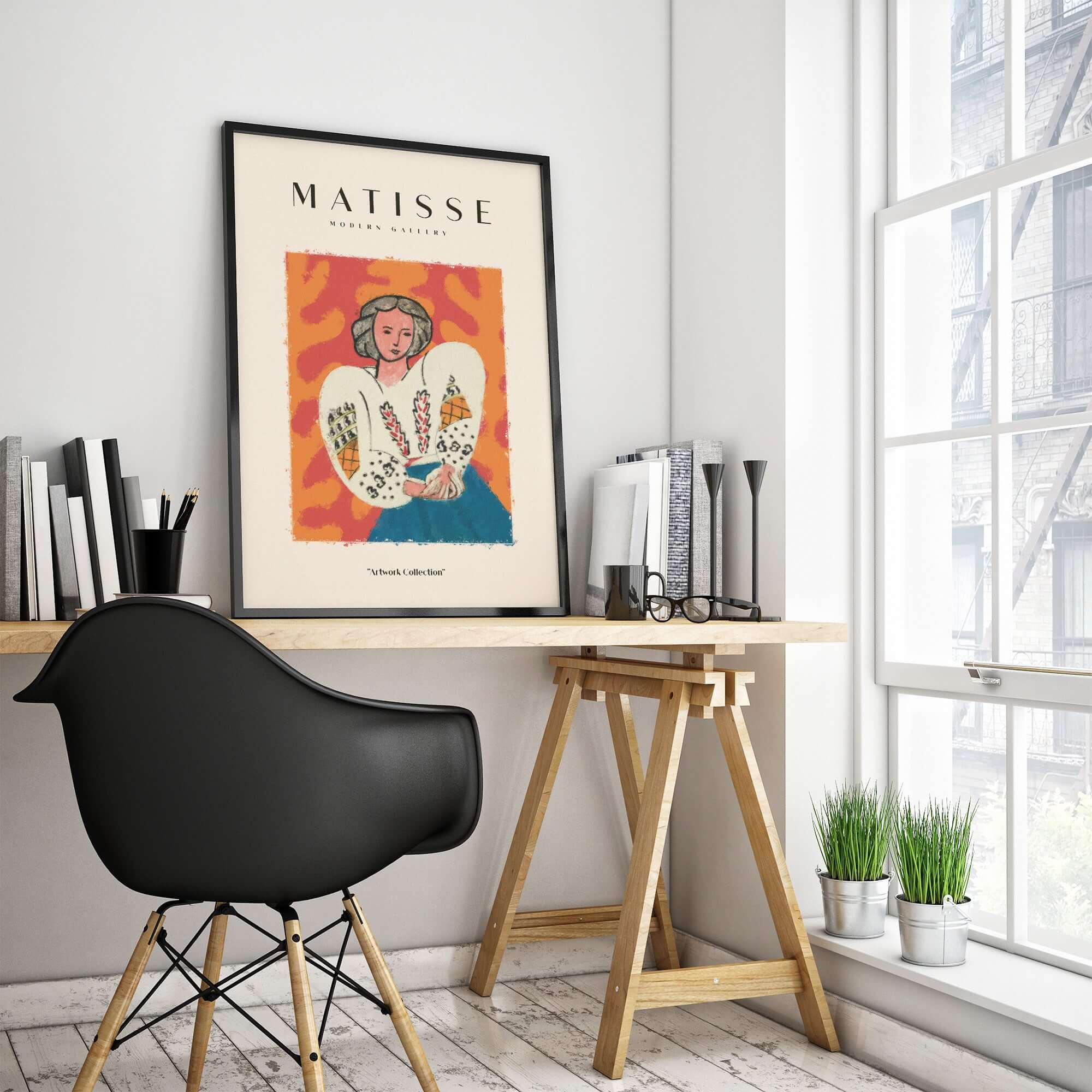 Matisse Art Prints - Woman White Blouse Blue Skirt Portrait Poster displayed in a stylish interior with desk and plants.