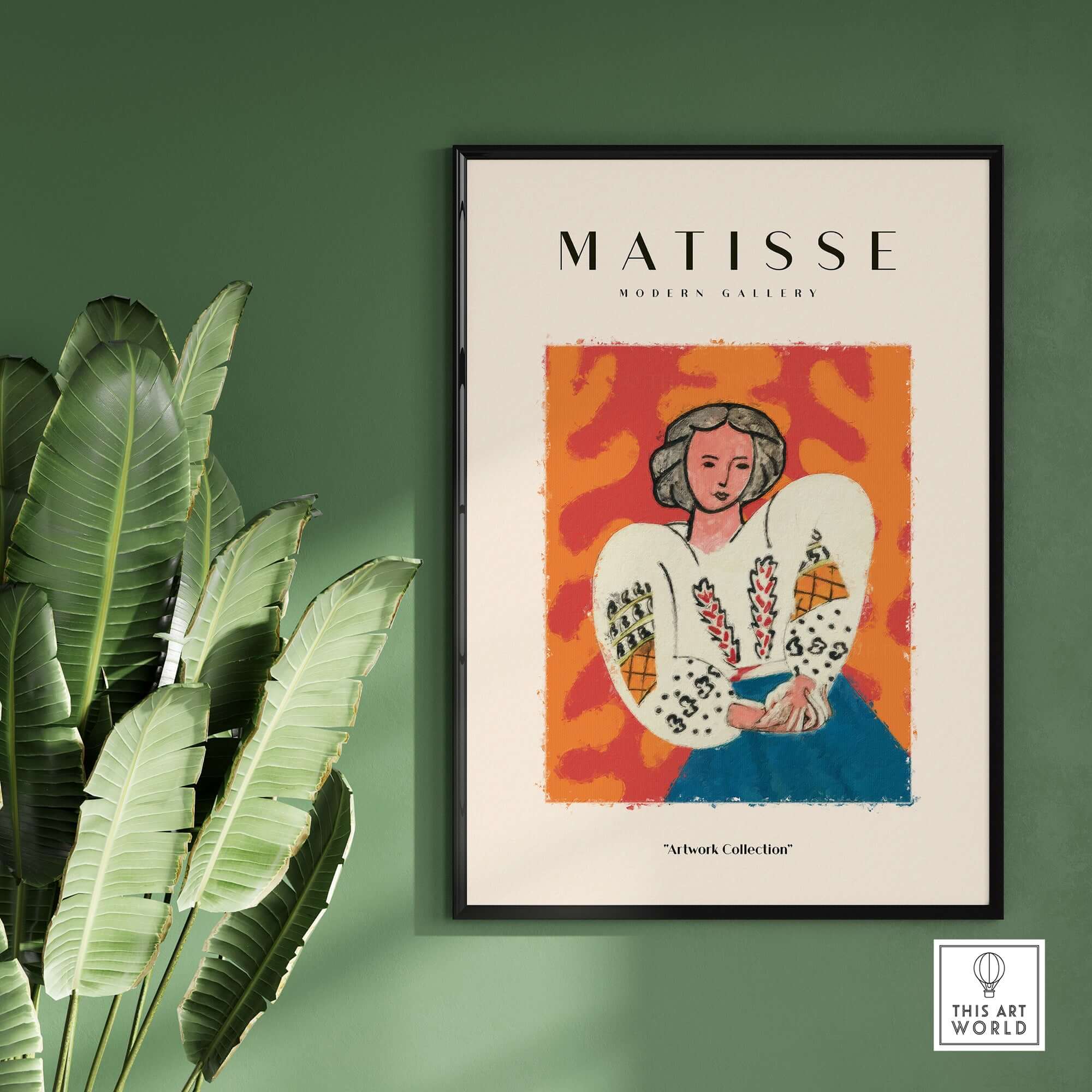 Matisse Art Prints - Woman White Blouse Blue Skirt Portrait Poster displayed in a modern gallery setting with foliage.