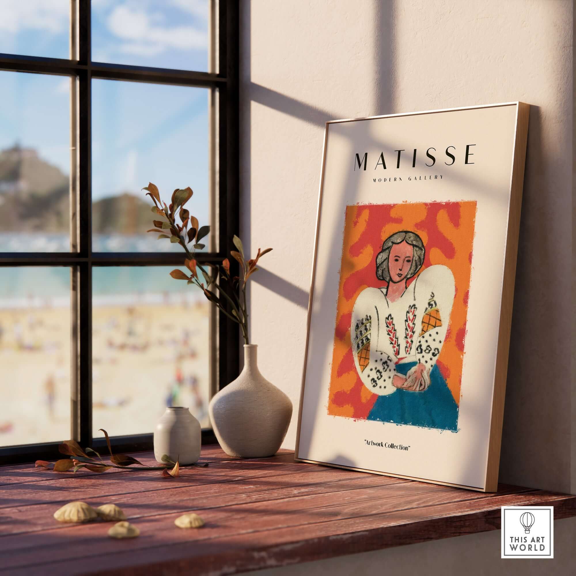 Matisse Art Prints - Woman White Blouse Blue Skirt Portrait Poster showcased on a wooden table by a window.