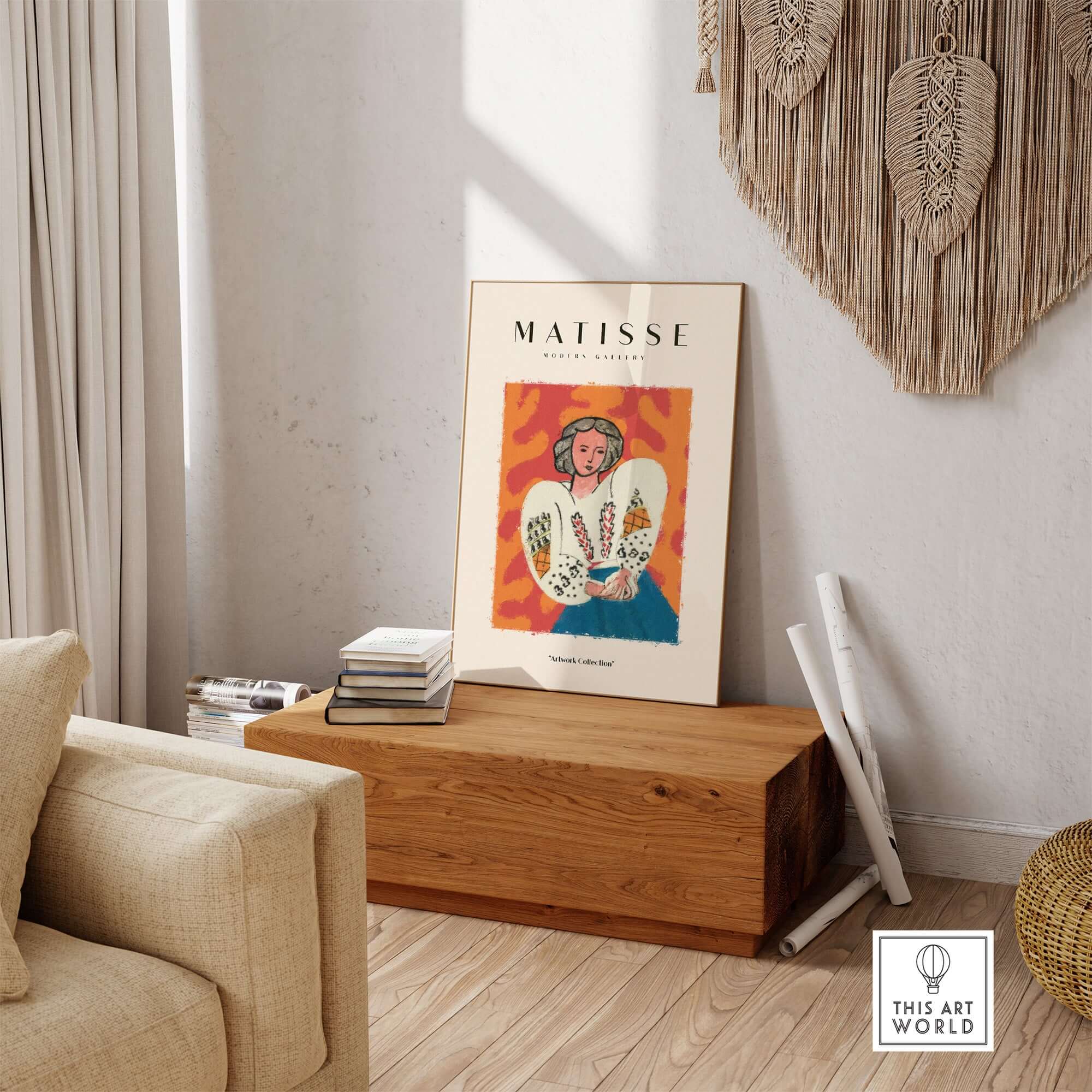 Matisse Art Prints - Woman White Blouse Blue Skirt Portrait Poster displayed in a stylish interior setting.