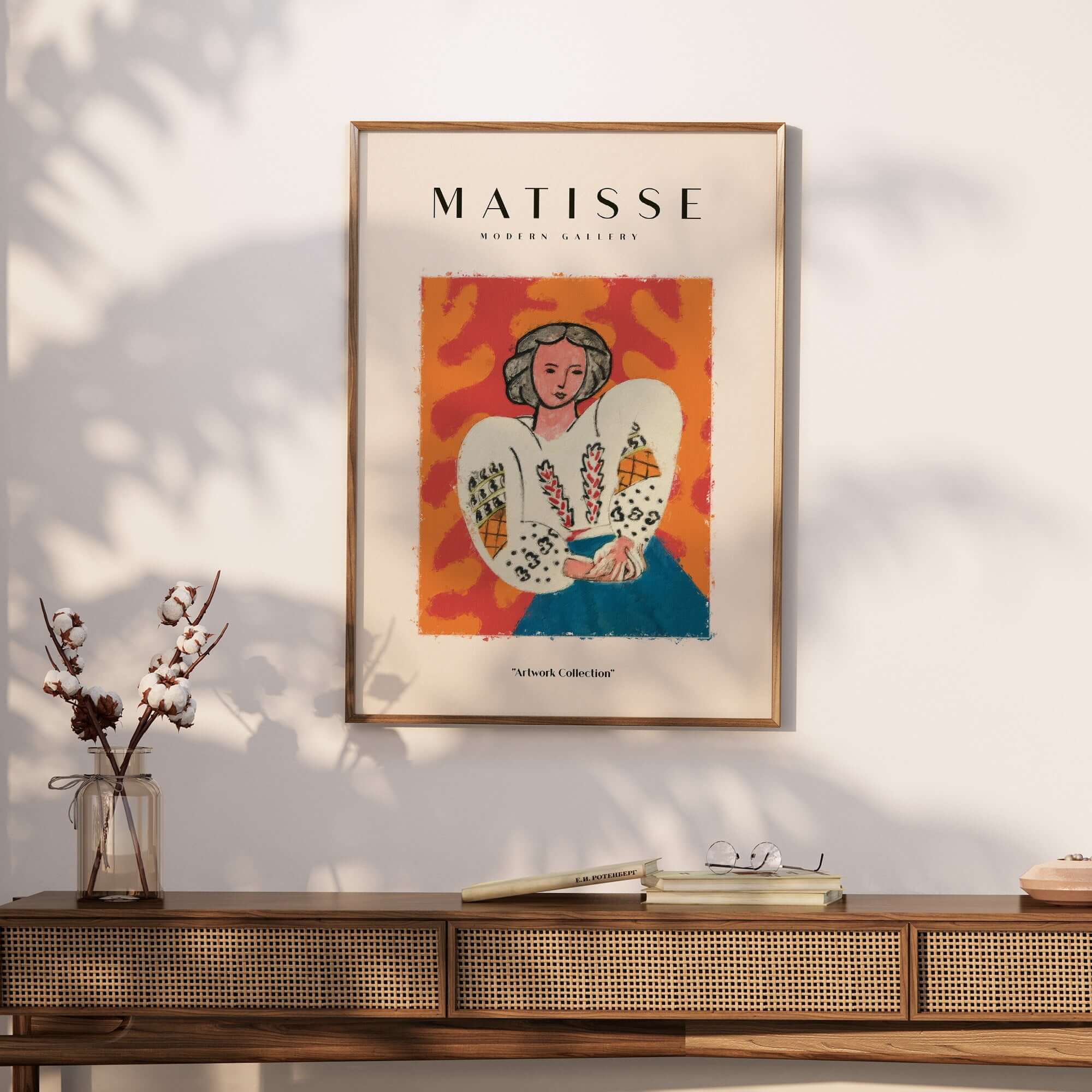 Matisse Art Prints - Woman White Blouse Blue Skirt Portrait Poster displayed on a wall with decorative furniture.