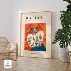 Matisse Art Prints - Woman White Blouse Blue Skirt Portrait Poster displayed in modern gallery setting with vibrant colors.