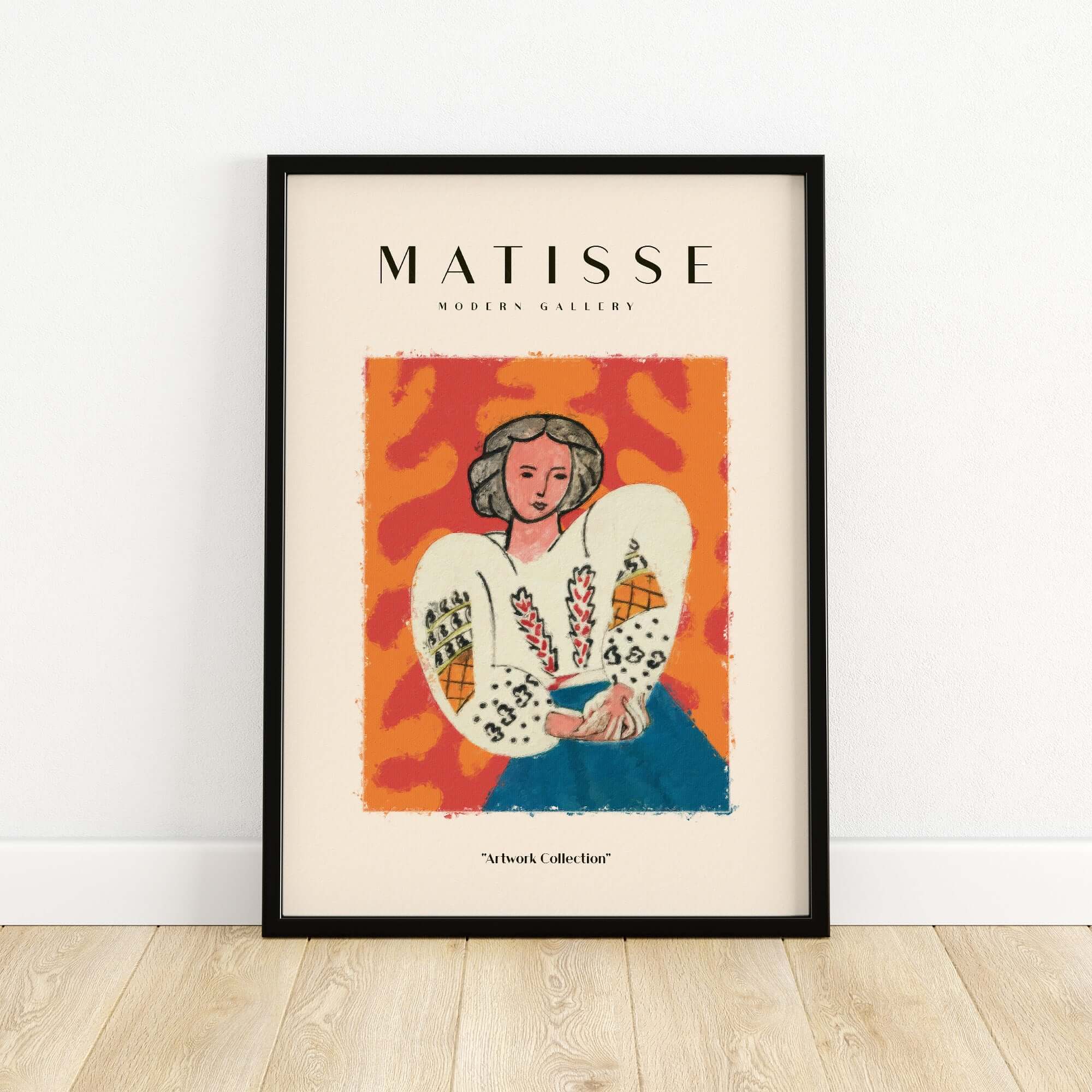 Matisse Art Prints - Woman White Blouse Blue Skirt Portrait Poster in a framed display on a wooden floor.