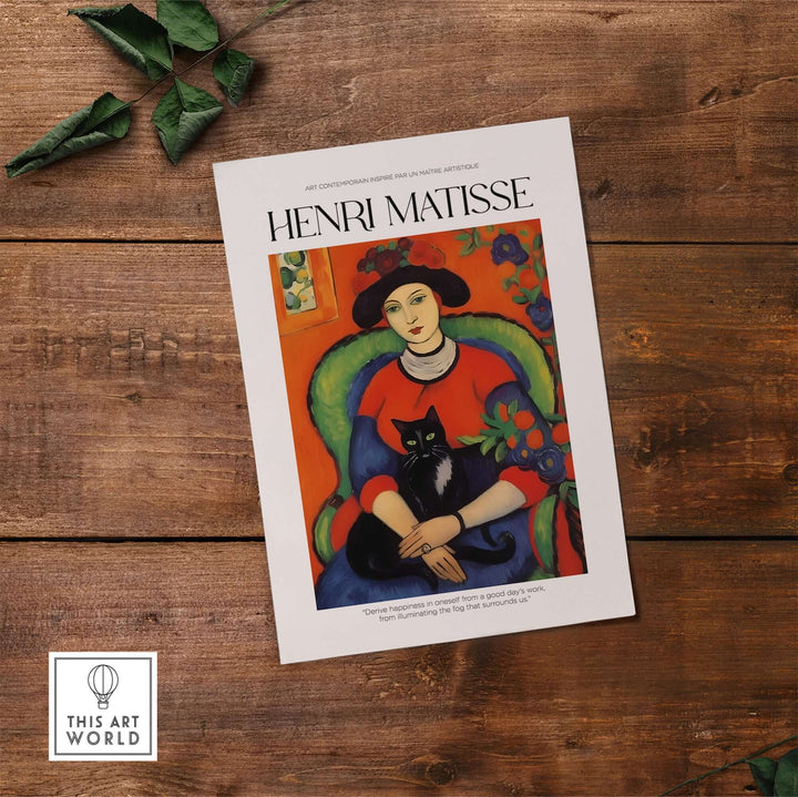 Matisse art print poster of a woman in red with a black cat, set in a colorful interior, ideal for art lovers and cat enthusiasts.