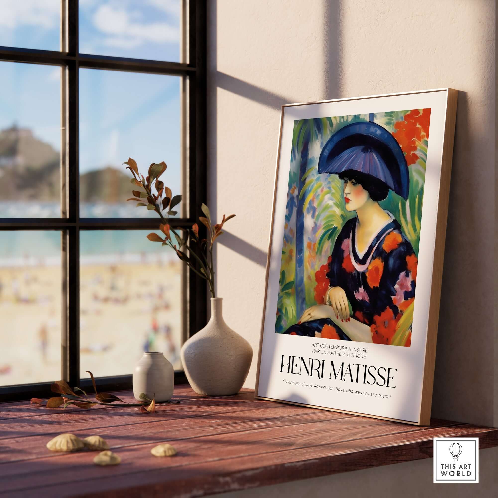 Matisse Art Prints - Woman with Blue Hat Garden Poster displayed indoors next to a window.