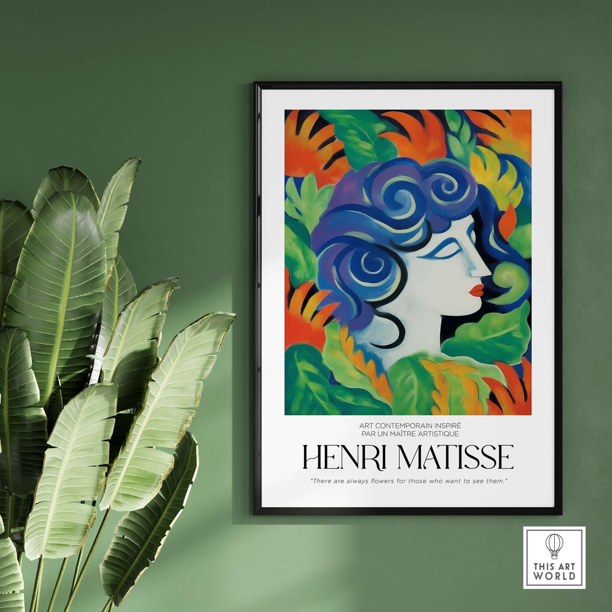 Matisse Art Prints - Woman with Flowers Abstract Art Print displayed with vibrant colors and tropical leaves in background.