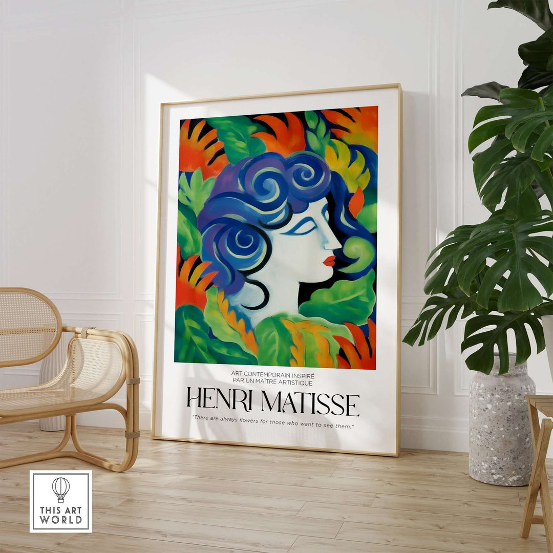 Matisse art print of woman with blue hair surrounded by colorful foliage, showcasing vibrant abstract style.