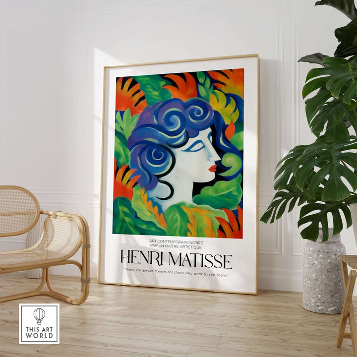 Matisse art print of woman with blue hair surrounded by colorful foliage, showcasing vibrant abstract style.