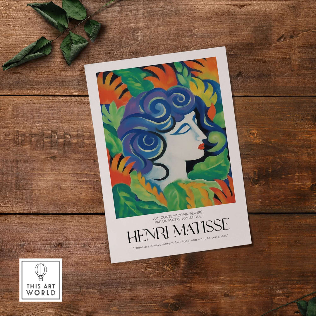 Henri Matisse art print featuring a stylized woman with leafy background in vibrant colors on wooden surface.