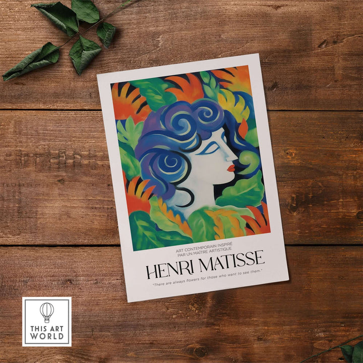 Henri Matisse art print featuring a stylized woman with leafy background in vibrant colors on wooden surface.