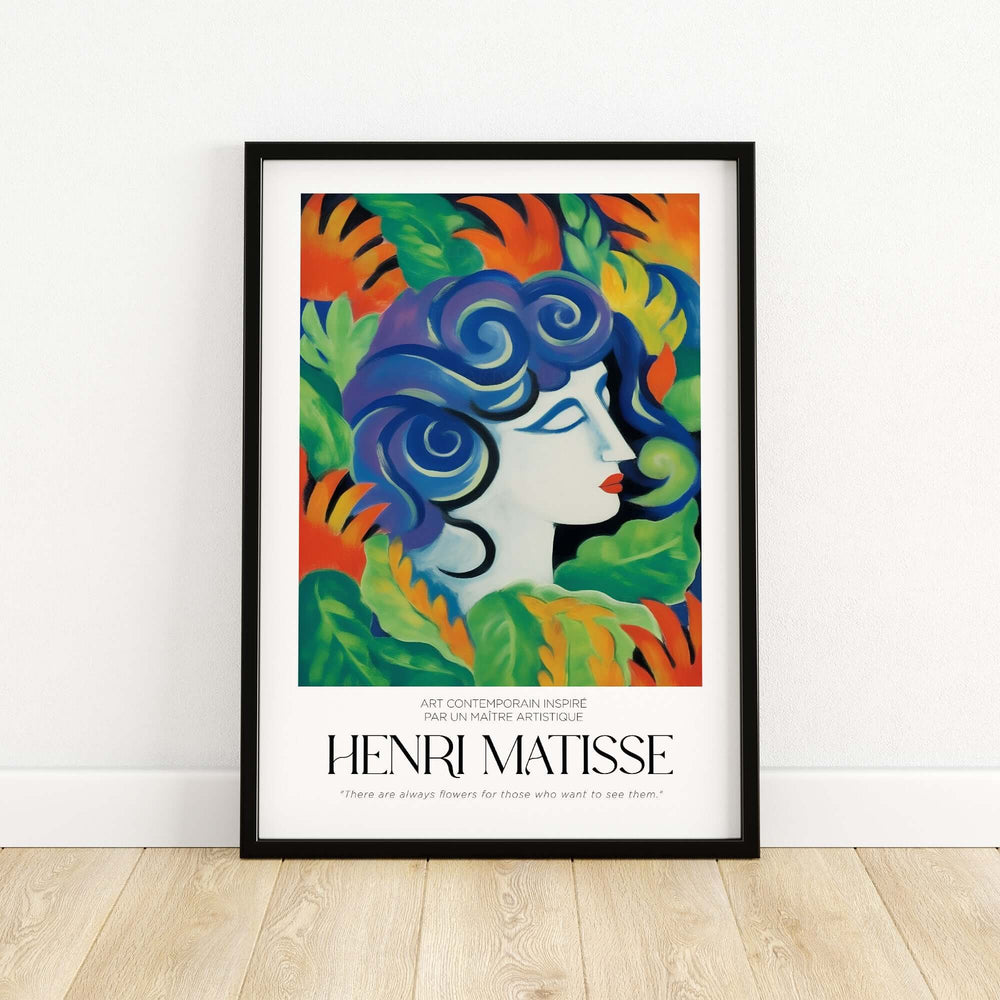 Matisse art print featuring a woman's face surrounded by vibrant flowers and greenery in bold colors.