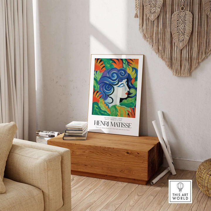 Matisse art print of a woman's face with colorful flowers in a stylish interior setting.