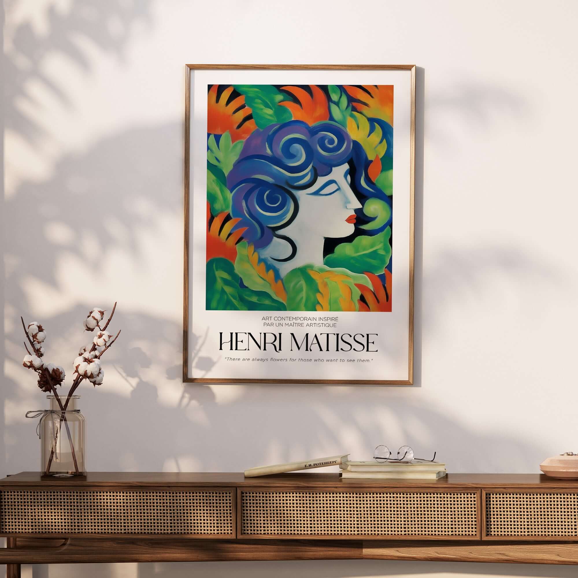 Matisse Art Prints - Woman with Flowers Abstract Art Print displayed in a modern setting with vibrant colors.