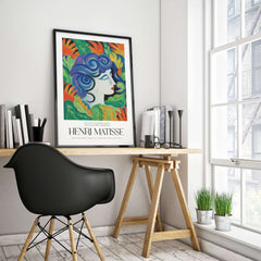 Matisse Art Prints - Woman with Flowers Abstract Art Print displayed in a modern home office setting.