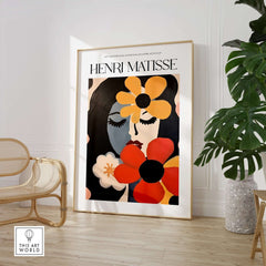 Matisse Art Prints -  Woman with Flowers Abstract Art Print featuring bold flowers and a woman's face, perfect for home decor.