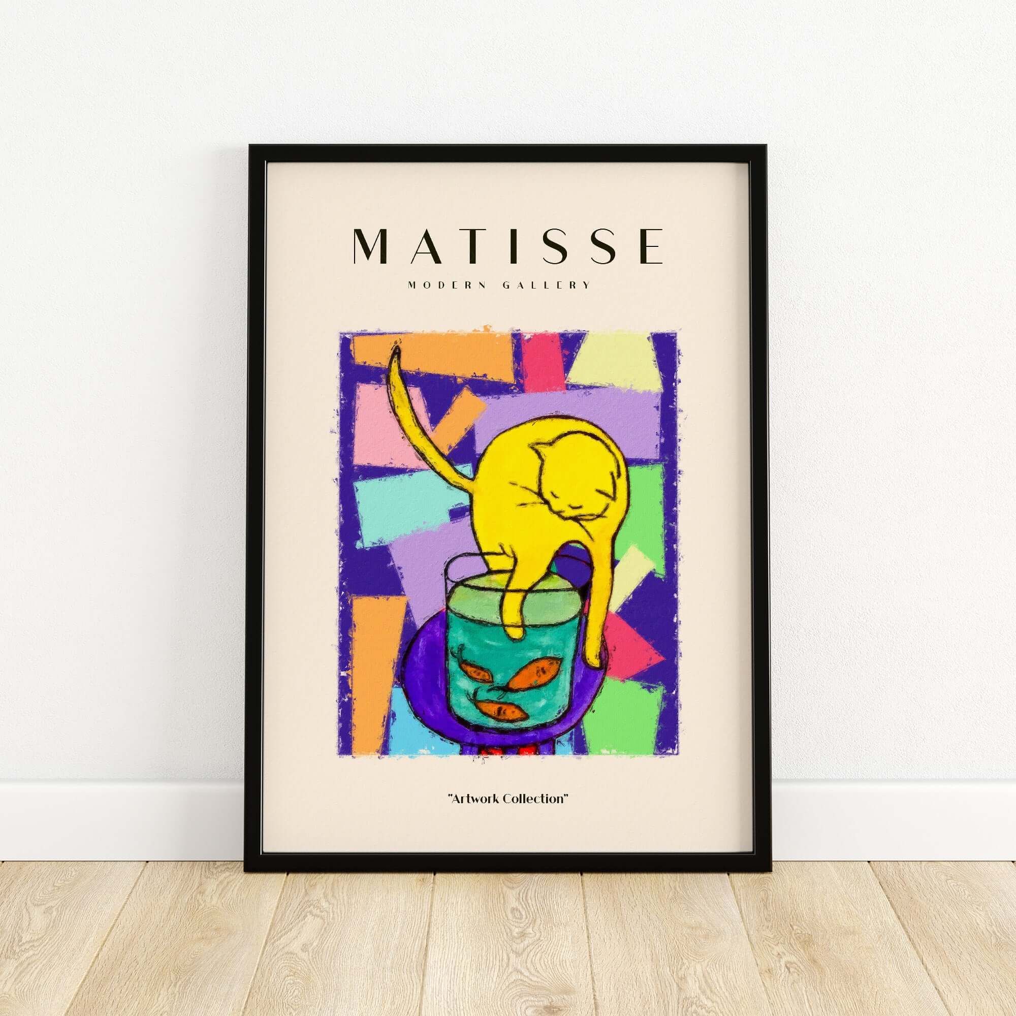 Matisse Art Prints - Yellow Cat with Fishbowl Geometric Poster framed art print featuring a yellow cat and vibrant colors.