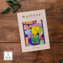 Matisse Art Prints - Yellow Cat with Fishbowl Geometric Poster featuring a yellow cat and vibrant geometric colors.