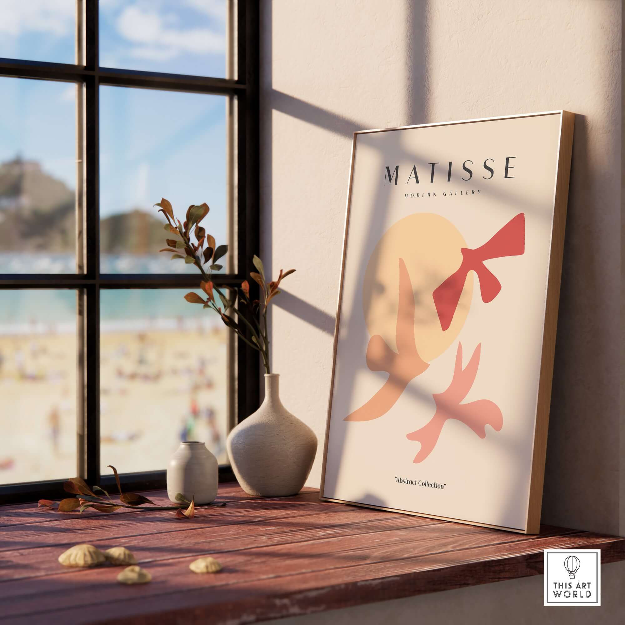 Matisse Art Prints - Abstract Birds Sun Shapes Poster displayed elegantly by a window with a beach view.