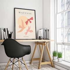 Matisse Art Prints - Abstract Birds Sun Shapes Poster displayed in a modern workspace with minimalistic design.