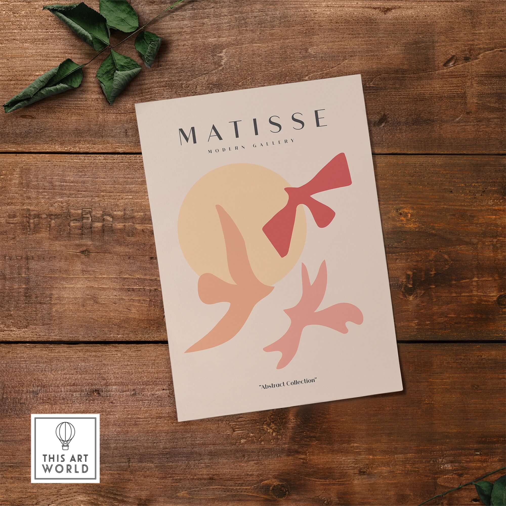 Matisse Art Prints - Abstract Birds Sun Shapes Poster showcasing abstract colors and shapes on a wooden background.