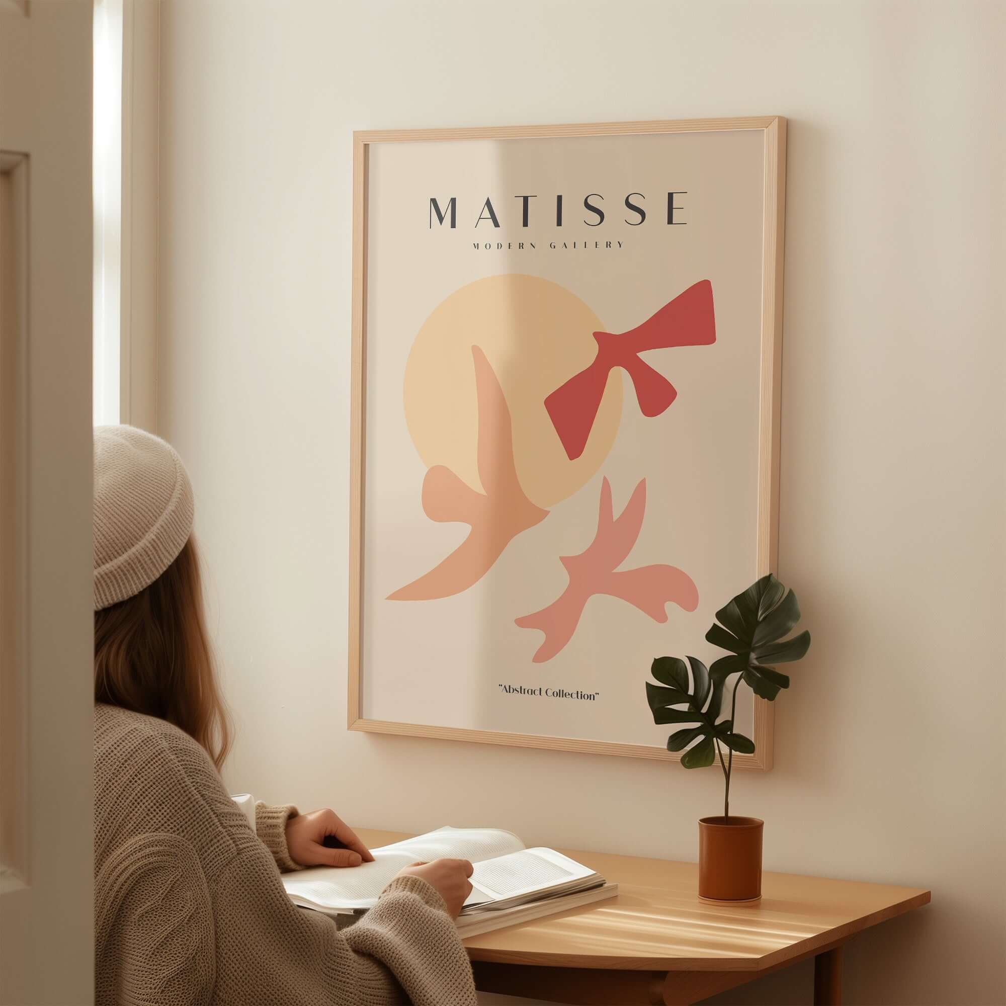 Matisse Art Prints - Abstract Birds Sun Shapes Poster displayed on wall, featuring minimalist design and warm tones.