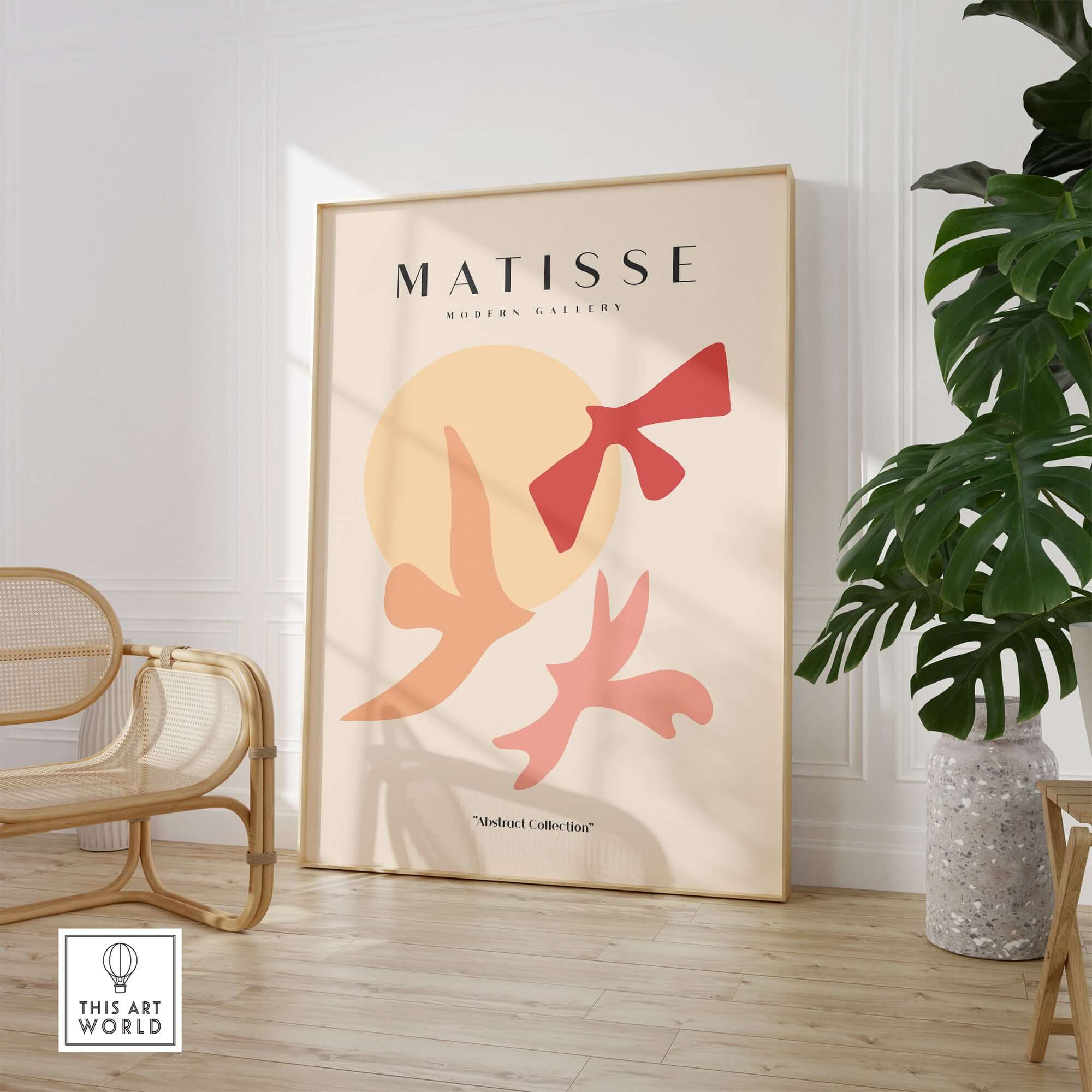 Matisse Art Prints - Abstract Birds Sun Shapes Poster displayed in a cozy room with plants and modern decor.