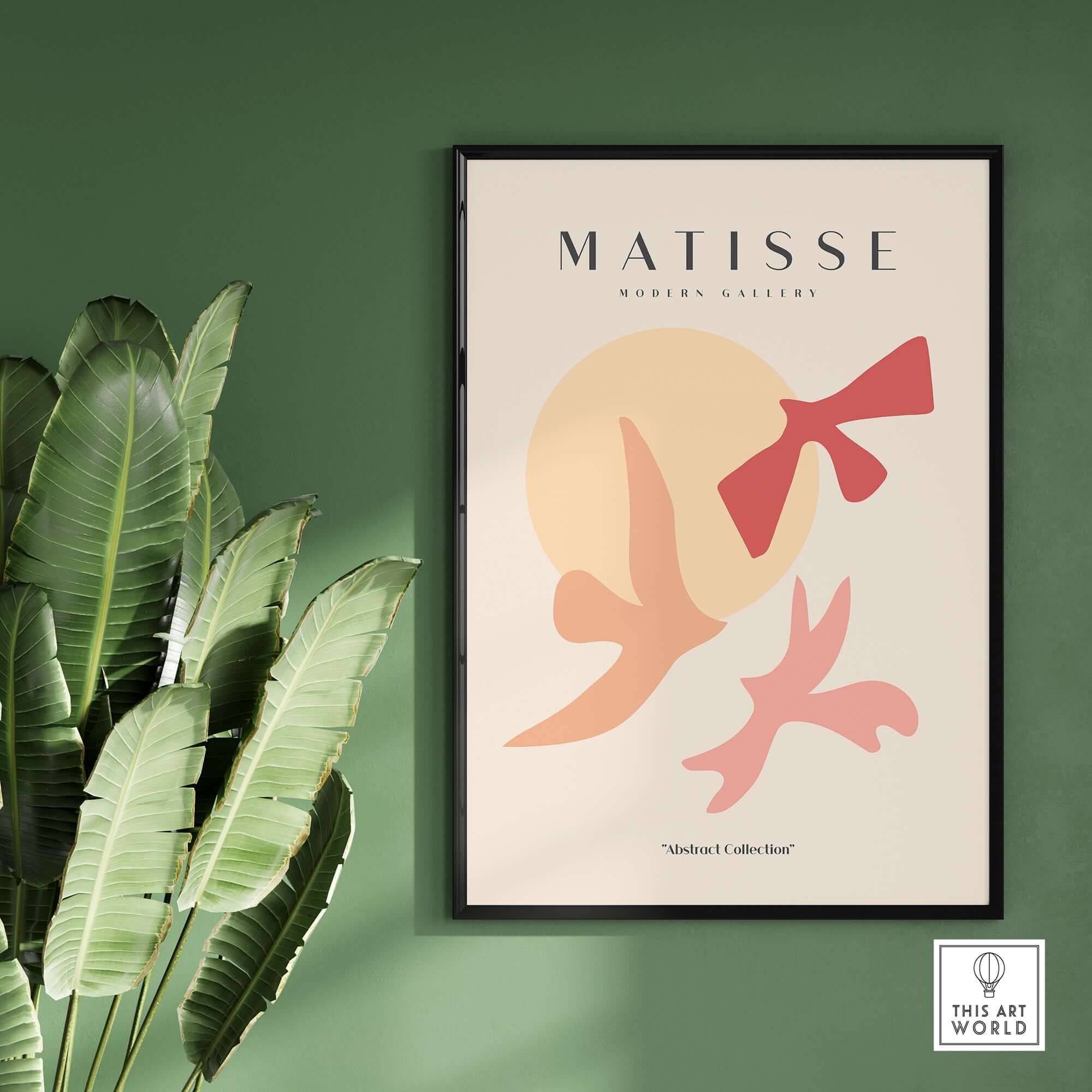 Matisse Art Prints - Abstract Birds Sun Shapes Poster displayed on a wall with plants featuring abstract shapes and colors.