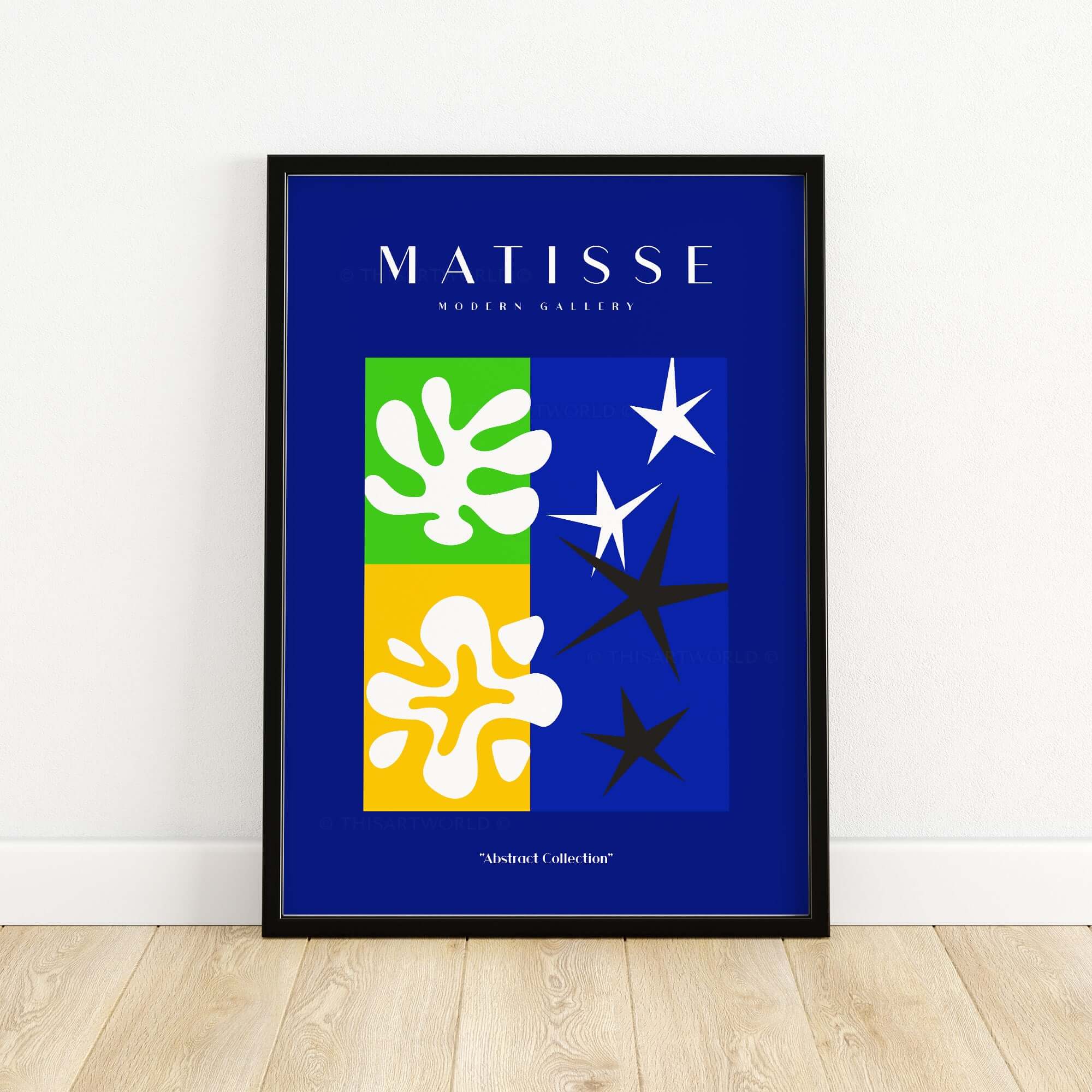 Matisse Art Prints - Abstract Blue Poster showcasing colorful quadrants on a blue background.