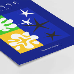 Matisse Art Prints - Abstract Blue Poster featuring playful shapes and stars on a vibrant blue background.