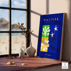 Matisse Art Prints - Abstract Blue Poster features vibrant abstract artwork with colorful leaf and star designs.