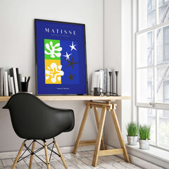 Matisse Art Prints - Abstract Blue Poster displayed in a modern office with a black chair and green plants.