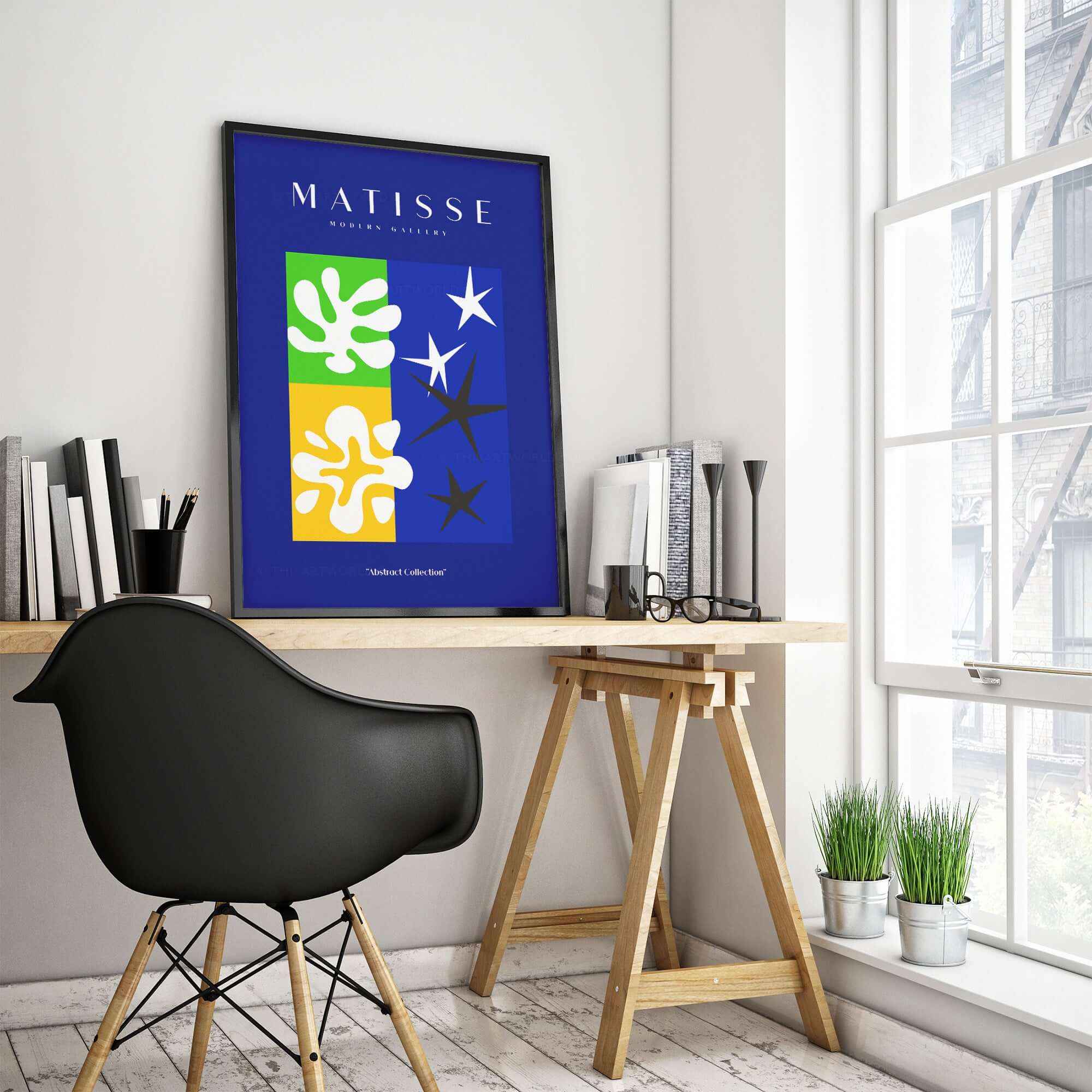 Matisse Art Prints - Abstract Blue Poster displayed in a modern office with a black chair and green plants.