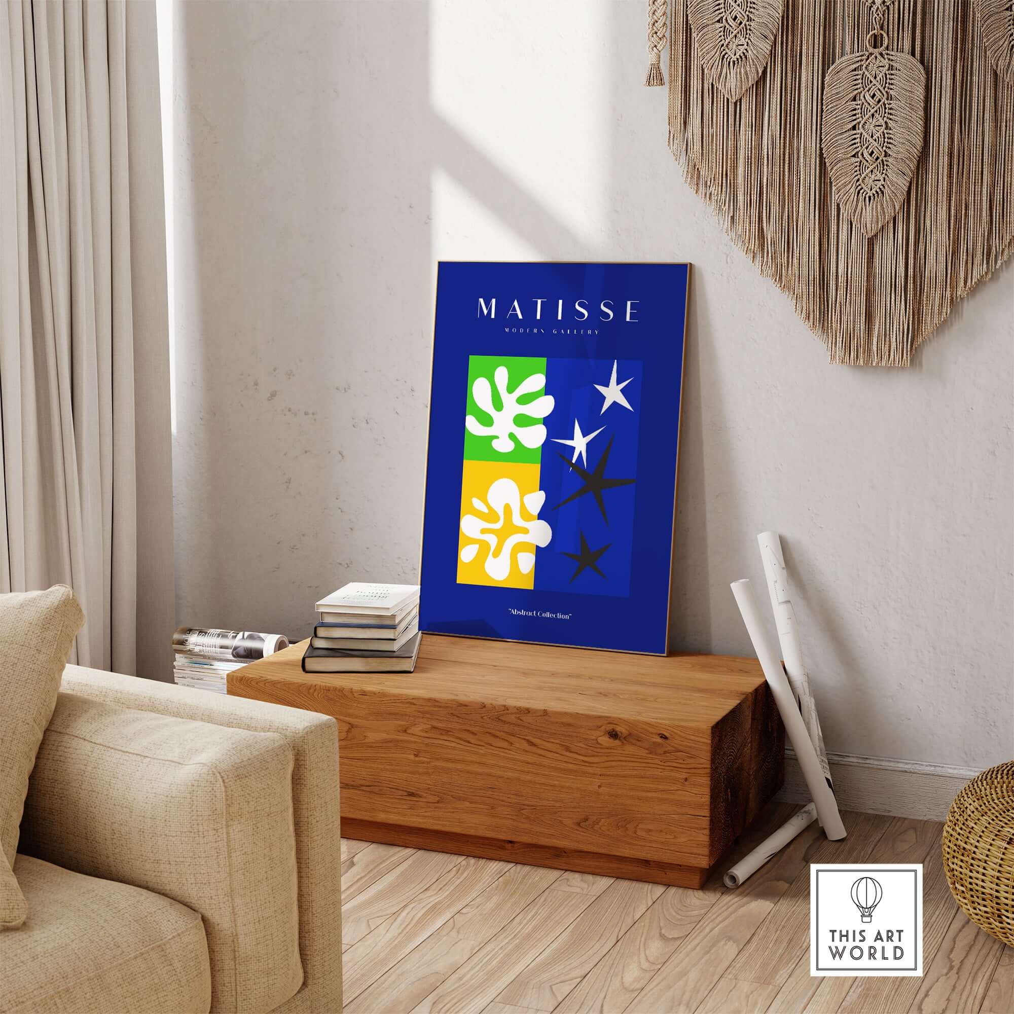 Matisse Art Prints - Abstract Blue Poster displayed in a modern setting with vibrant abstract designs.