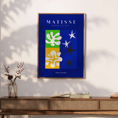 Matisse Art Prints - Abstract Blue Poster featuring vibrant abstract design with green and blue shapes on a blue background.