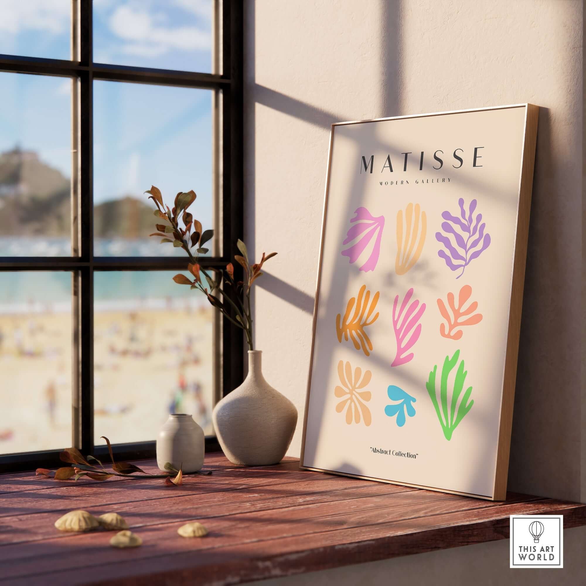 Matisse Art Prints - Abstract Botanical Shapes Grid Poster displayed on a windowsill with plants and beach view.