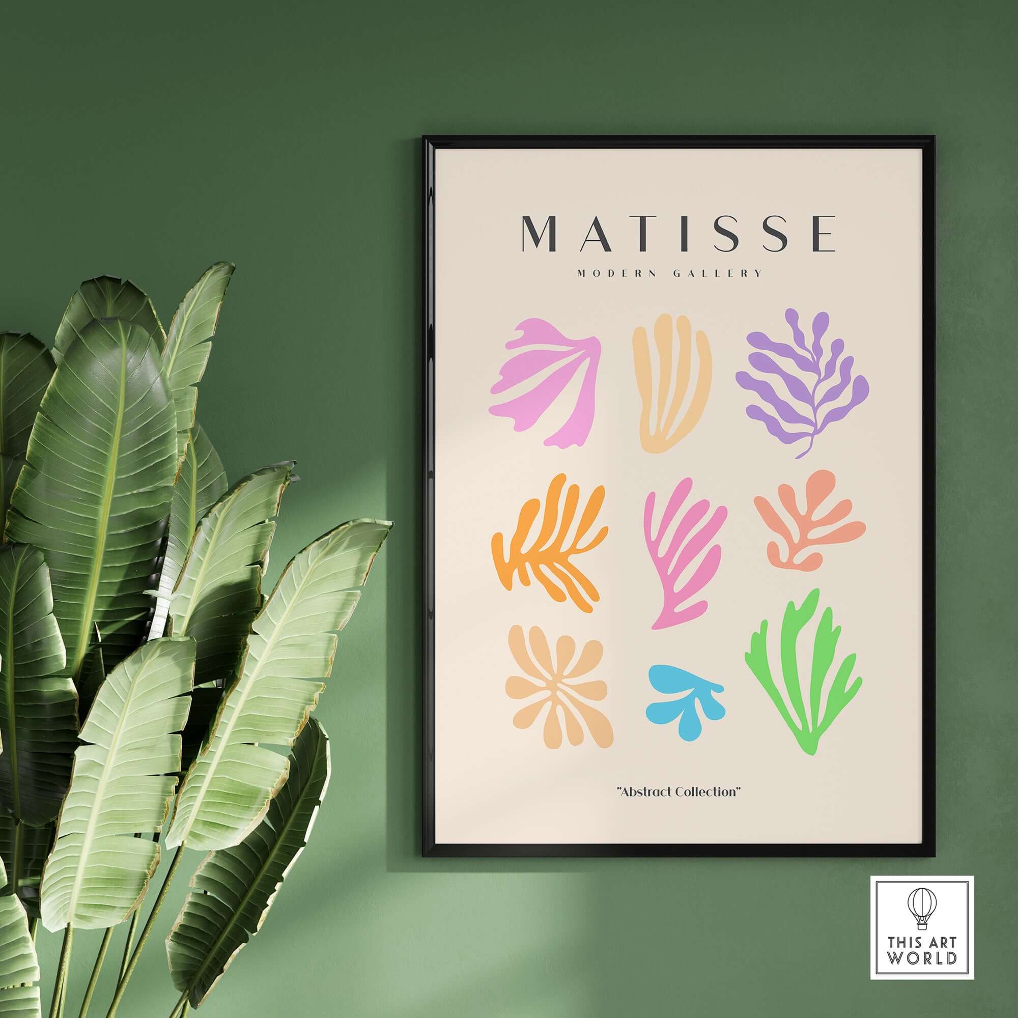 Matisse Art Prints - Abstract Botanical Shapes Grid Poster featuring colorful botanical shapes in a modern gallery setting.