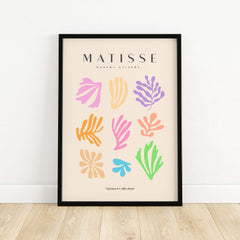 Matisse Art Prints - Abstract Botanical Shapes Grid Poster featuring colorful abstract shapes on a beige background.