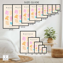 Matisse Art Prints - Abstract Botanical Shapes Grid Poster size guide with various frame dimensions on a neutral background.